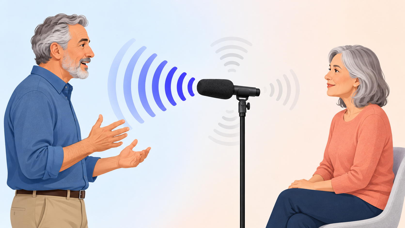 Directional microphone emphasizing speech from the person in front while background noise remains subdued